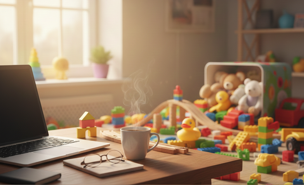 Ein Schreibtisch mit einem Laptop, einer Tasse Kaffee, Brille und Notizbuch, im Hintergrund ein Spielzeugchaos mit bunten Bausteinen, Stofftieren und Spielzeugauto