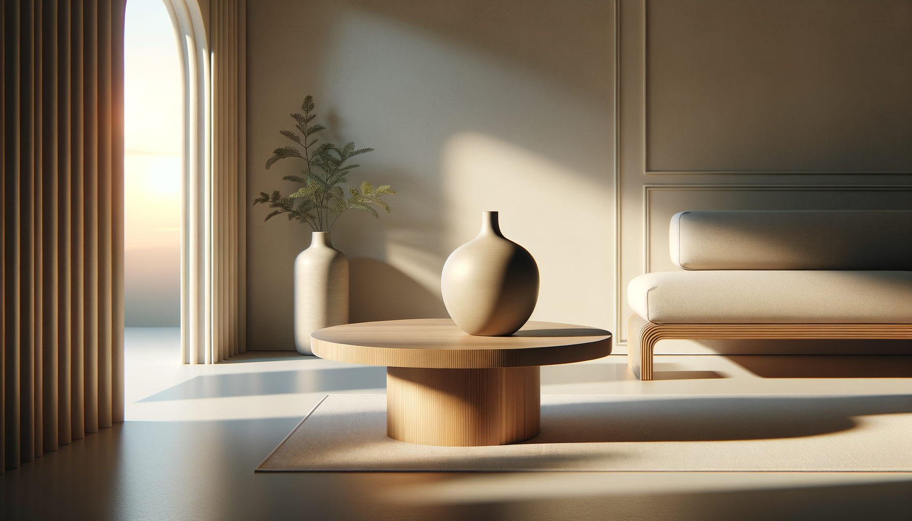 Minimalist living room with sunlight coming through the window, two beige vases on a round wooden table, a potted plant in a tall vase, beige sofa with wooden legs, and a neutral rug.