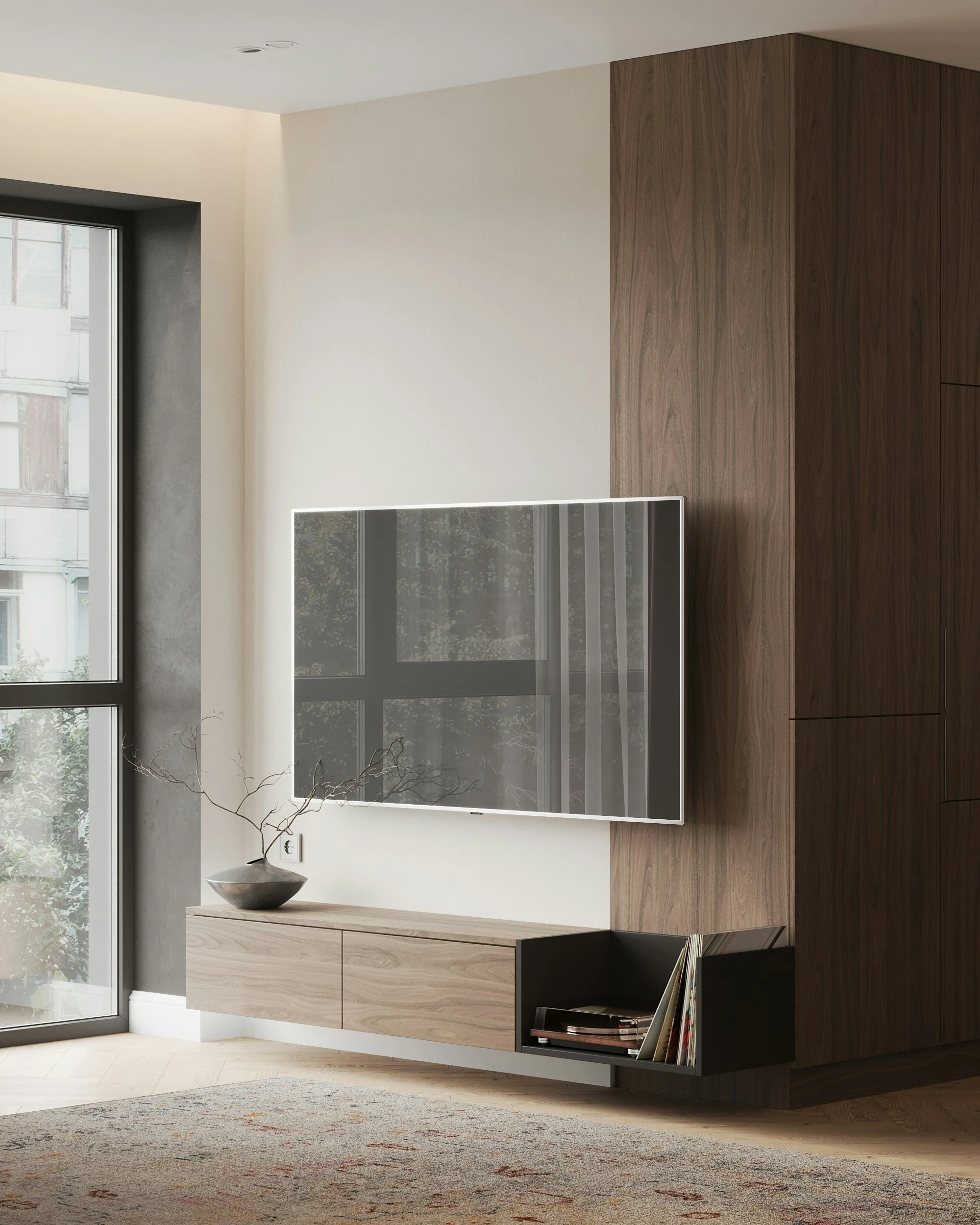 Living room with a wall-mounted flat-screen TV, a wooden cabinet beneath, a potted plant with bare branches, a large window, and a patterned rug.