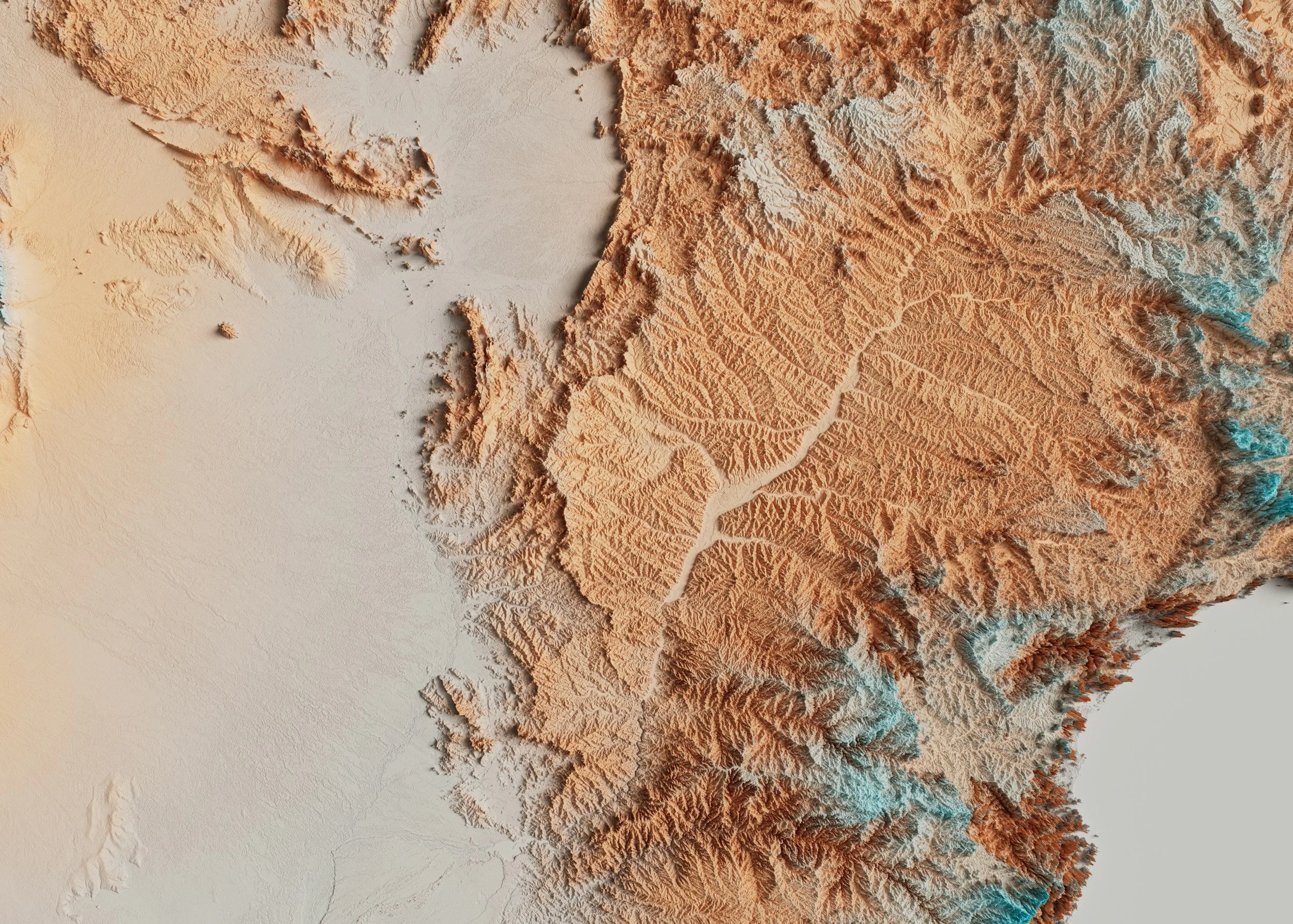 A topographic map showing mountain ranges, valleys, and water bodies in shades of orange, blue, and white.