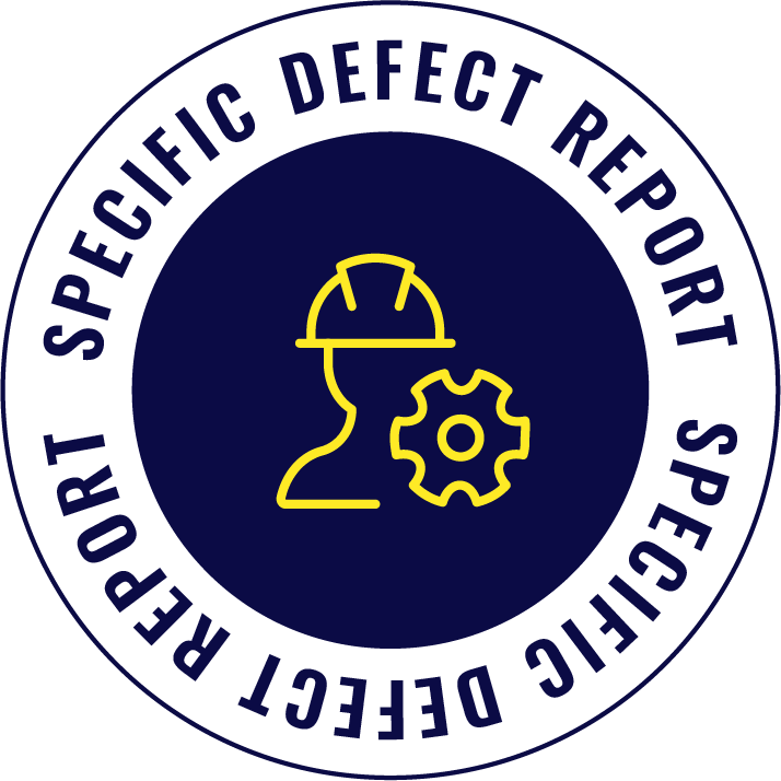 Logo for the Special Diagnostic Reporting Service, featuring a yellow outline of a technician's head with a hard hat and a gear, surrounded by a white circle with navy blue text.
