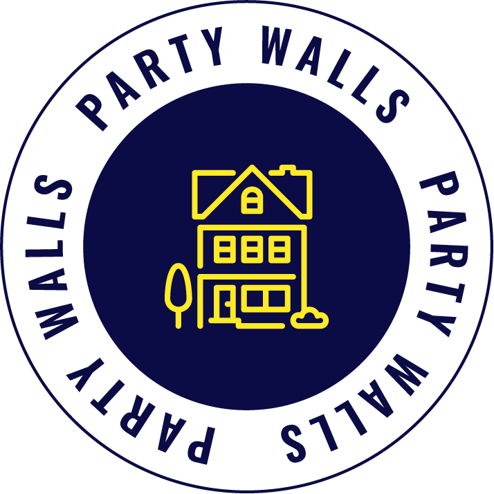 A circular logo with the text 'Party Walls' and 'Wall Systems' around the edge, and an icon of a house, tree, and cloud in the center on a dark blue background.