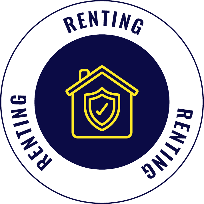 A circular badge with a white outer ring and dark blue inner circle. The outer ring has the words 'RENTING' repeated four times. The inner circle features a yellow outline of a house with a shield and checkmark symbol inside.