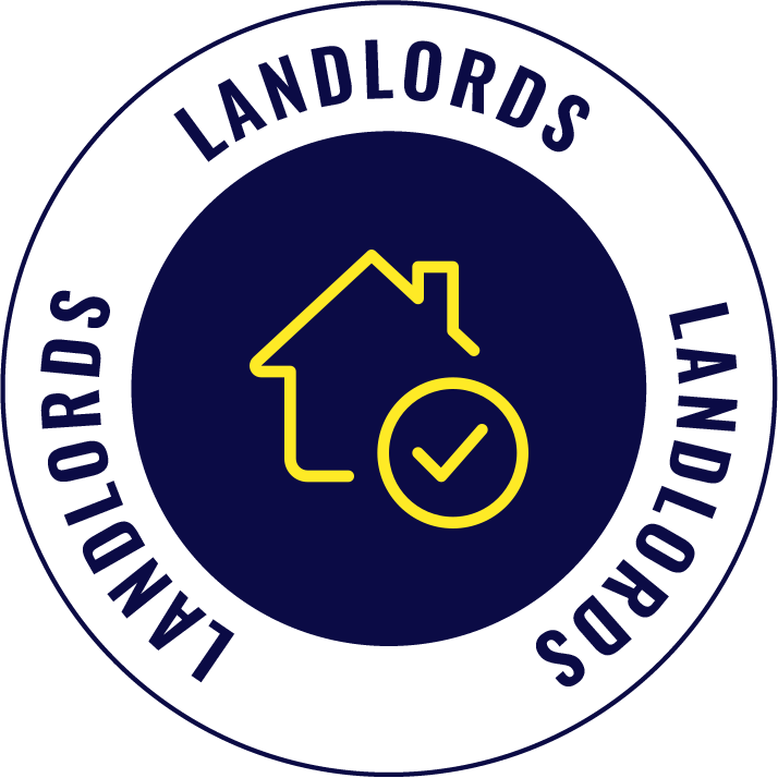 A circular logo with the words 'LANDLORDS' repeated around the perimeter, featuring a yellow house icon with a checkmark inside a circle in the center on a dark blue background.