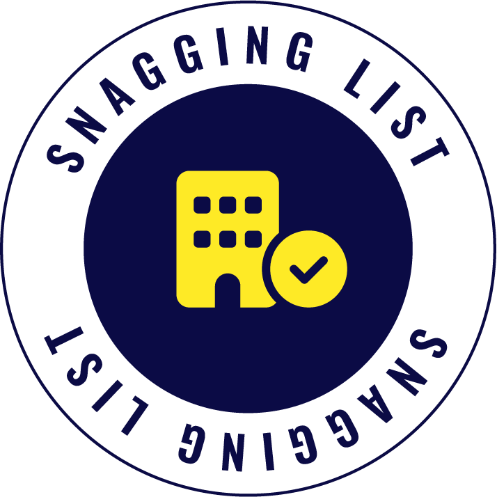 A circular badge with the text 'Snagging List' around the top and bottom edges. In the center, there is a yellow building icon with a checkmark.