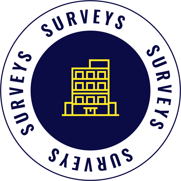 A circular logo with a dark blue background, featuring a yellow outline of a multi-story building in the center. The outer ring of the logo has the word 'SURVEYS' repeated four times in white text.