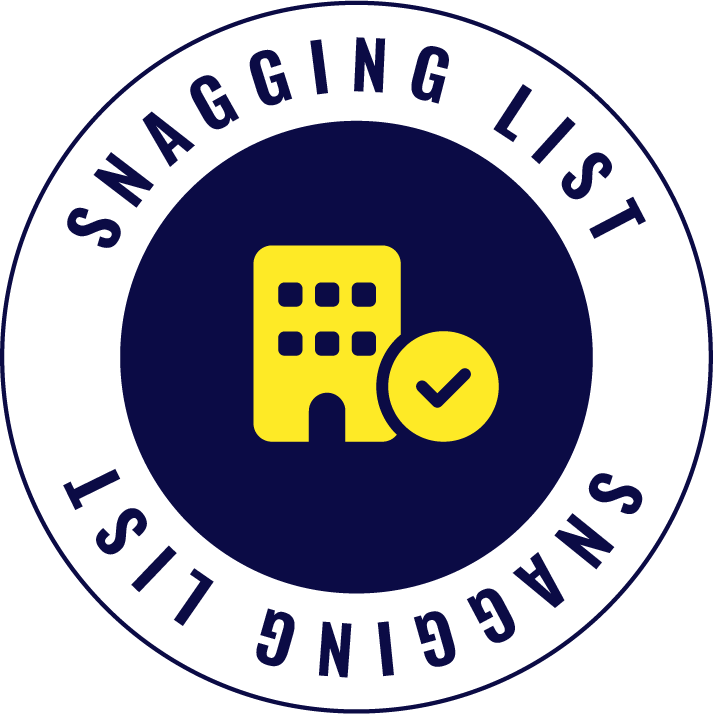 A badge-like graphic with a dark blue background, a yellow building icon, and a checkmark, surrounded by white text that reads 'Snagging List' and 'Listening List'.