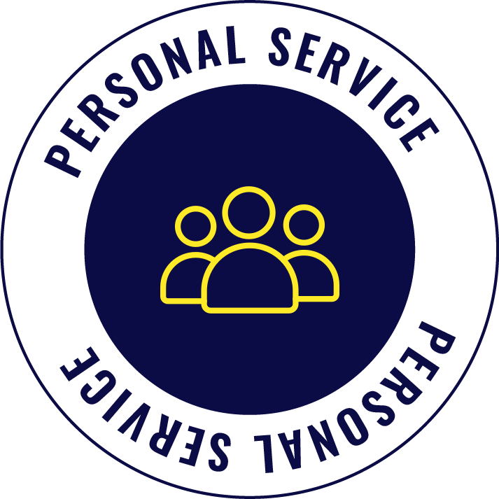 Personal service professional badge with a circular design, featuring three yellow outline figures representing people at the center, and white and navy blue text around the circle that reads 'Personal Service Professional Service'.