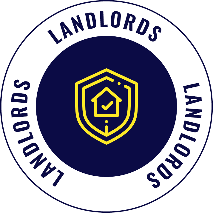 Emblem for landlords with a circular design, featuring a shield with a house and checkmark inside, surrounded by the words 'LANDLORDS' repeated around the perimeter.