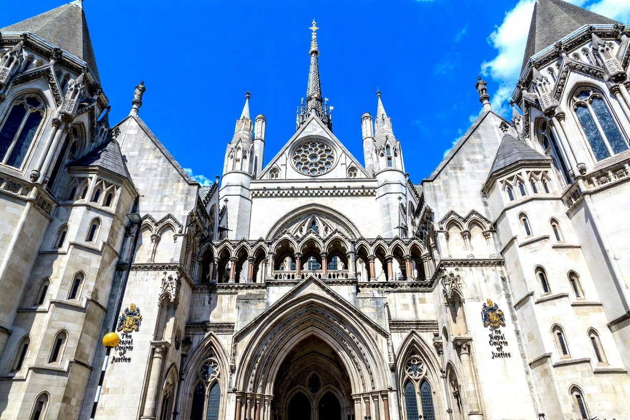 A large Gothic-style church with intricate stone architecture, pointed arches, towers, and a ornate facade set against a bright blue sky with some clouds.