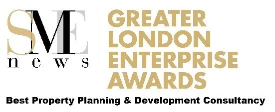 Logo for the Greater London Enterprise Awards 2023 by SME News, with text indicating Best Property Planning & Development Consultancy.