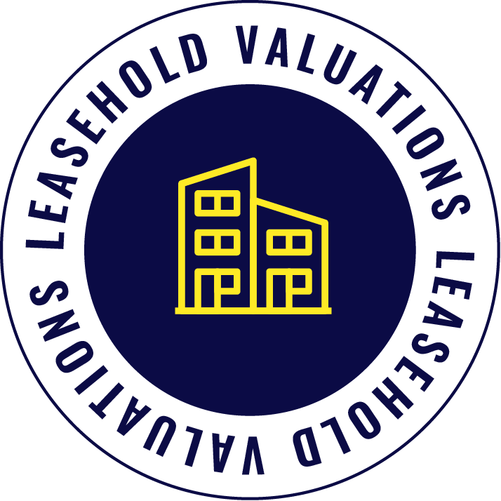 Circular logo for leasehold valuations with a dark blue background, featuring a yellow outline of two buildings in the center, and white text around the border that reads 'LEASEHOLD VALUATIONS LEASEHOLD VALUATIONS LEASEHOLD VALUATIONS LEASEHOLD VALUATIONS'.