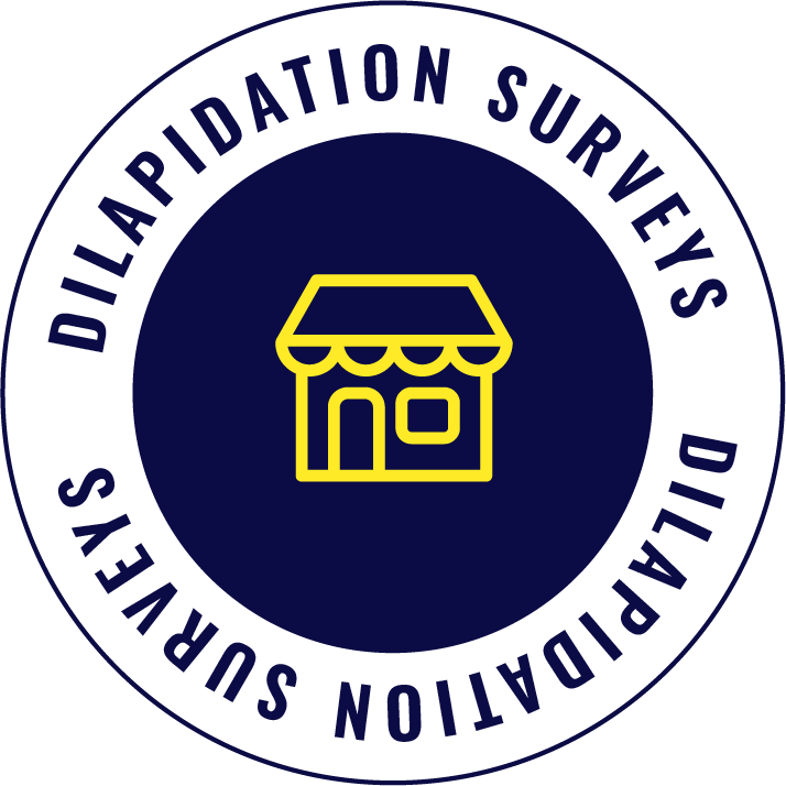 Round seal with white border, blue background, and yellow storefront icon in the center. The white border has the words 'DILAPIDATION SURVEYS' repeated twice around the circle.