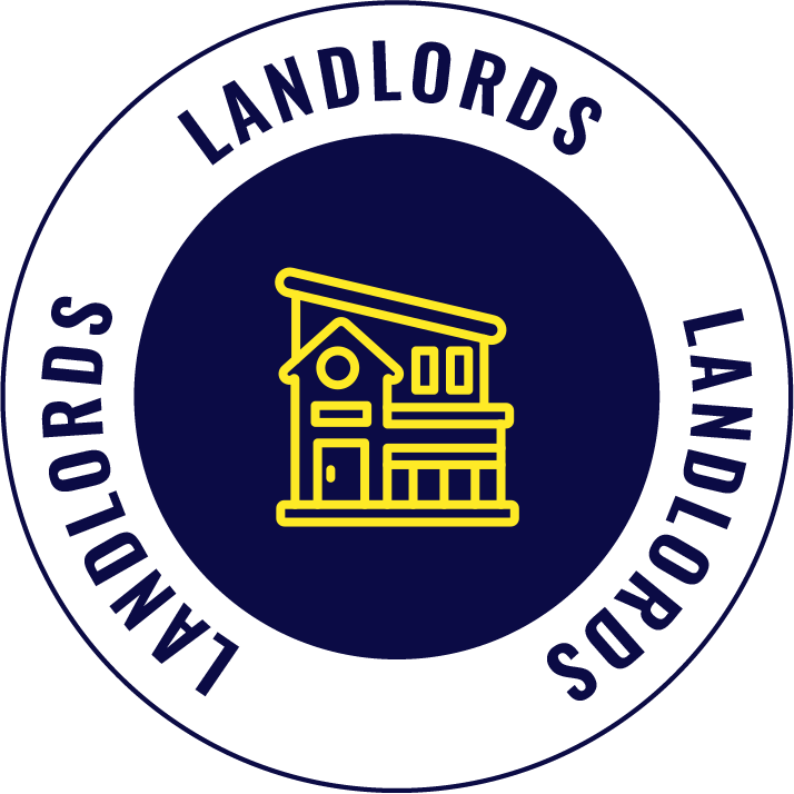 A circular logo with a dark blue background and white border. Inside, there is a yellow outline of a house with multiple levels and a sloped roof. The words "LANDLORDS" are written in blue, curved along the top and bottom of the white border.