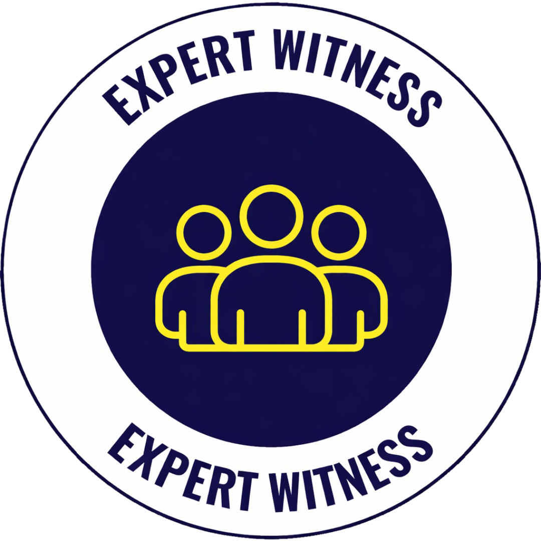 Badge with the text 'Expert Witness' and an icon of three people in yellow on a dark blue background