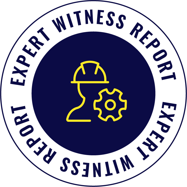 Seal for an expert witness report with a yellow outline of a person wearing a hard hat and a gear.