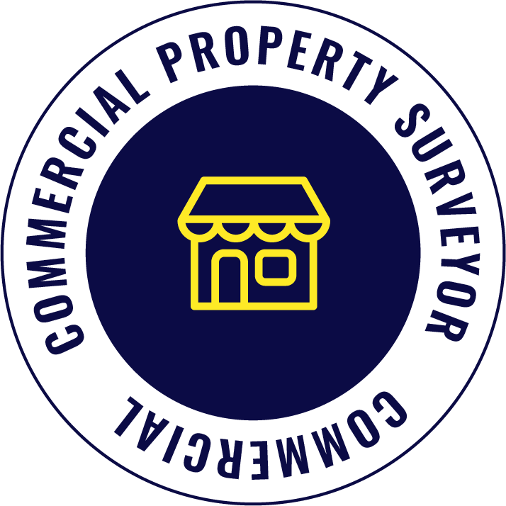 Seal of the Commercial Property Surveyor Community, featuring a yellow outline of a small storefront with an awning, inside a navy circle, surrounded by white ring with the text 'COMMERCIAL PROPERTY SURVEYOR' and 'COMMUNITY'.