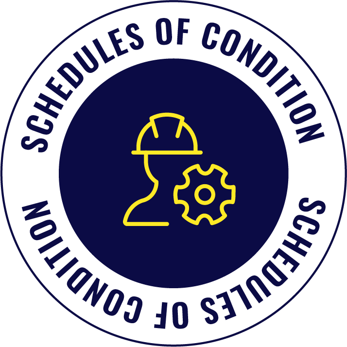 Icon of a person wearing a hard hat with a gear symbol, surrounded by the text 'SCHEDULES OF CONDITION CONDITIONS OF SHEDULES' in a circular pattern.