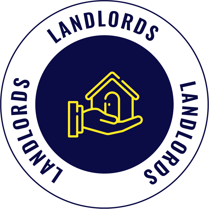 Logo with a white circle and blue border, containing the words 'LANDLORDS' repeated four times, and a yellow line drawing of a house with a hand underneath.