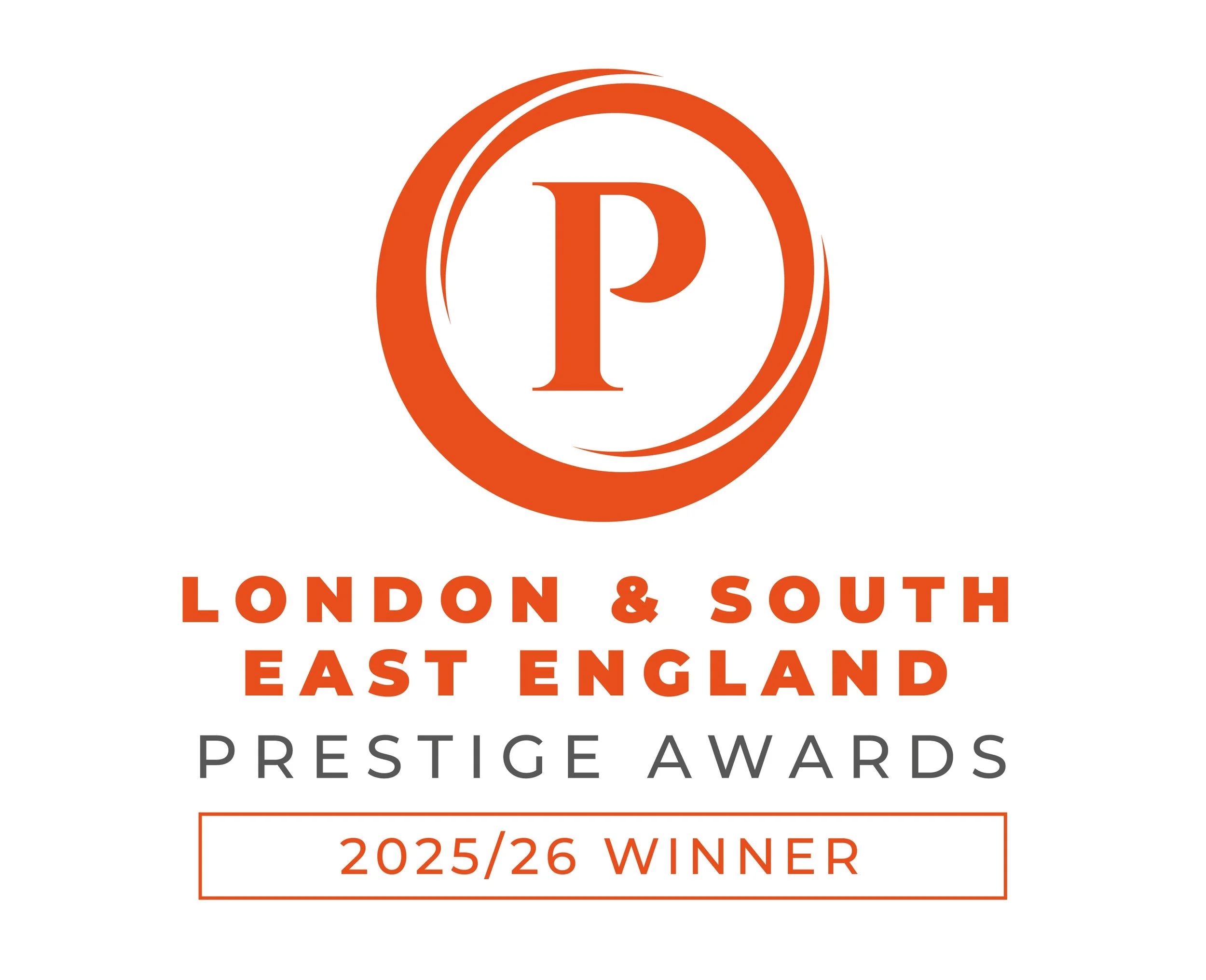 Logo for London & South East England Prestige Awards, featuring a stylized orange circle with the letter P inside, and text below stating the award won in 2025/26.