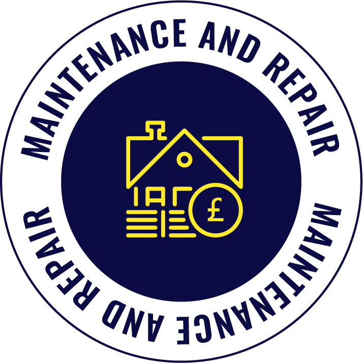 Circular badge with dark blue background and white border. Text around the border reads 'Maintenance and Repair'. Inside, there is a yellow icon of a house with a chimney, a stack of papers with the British pound symbol, and a large pound symbol over the papers.