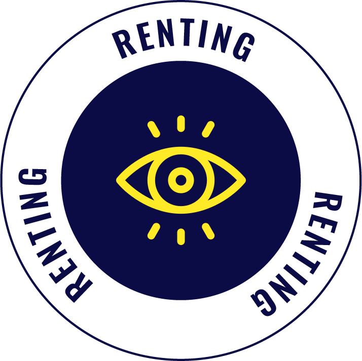 Circular logo with the words 'Renting' written four times around the edge. The center features a yellow eye symbol with rays emanating from it on a dark background.