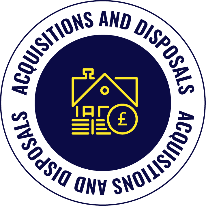 Logo for the UK's DVLA with text 'Dissolutions, Acquisitions and Disposals' surrounding a house with documents and a pound symbol.