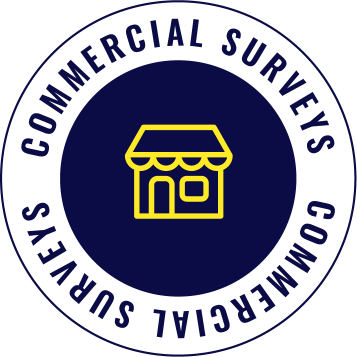 Logo for Commercial Surveys, a company providing commercial survey services, featuring a circular design with the company's name around the edge and a yellow icon of a small storefront in the center.