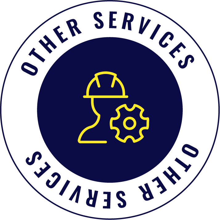 Circle badge with the text 'OTHER SERVICES' at the top and 'OTHER SERVICES' at the bottom. Inside the circle, a yellow outline of a person wearing a hard hat with a gear symbol next to them on a dark blue background.