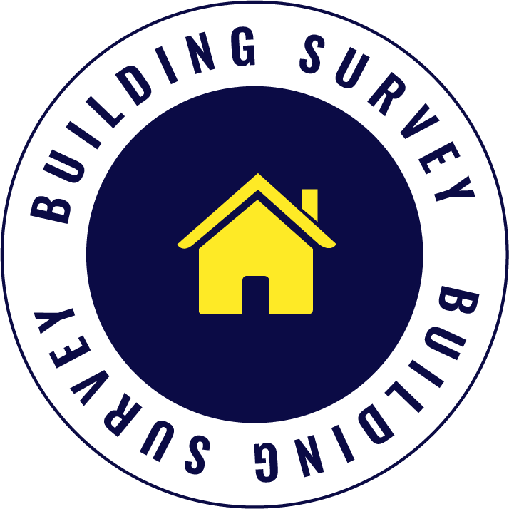 A circular logo for Building Survey, with a yellow house icon in the center, blue background, and white border with the text 'Building Survey' repeated around the circle.