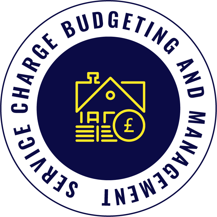 A circular emblem with a white outer ring containing the text "Secure Charge Budgeting and Management" in blue, and an inner navy blue circle with yellow line art depicting a house, documents, and a pound sterling symbol.