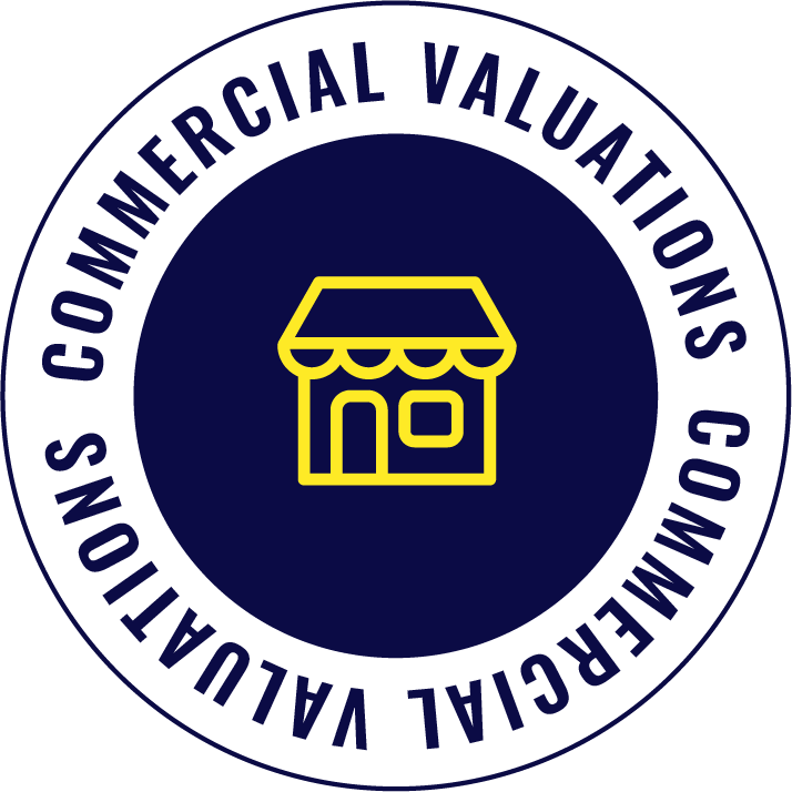 Seal with text surrounding a yellow storefront icon, indicating commercial valuations by the Commercial Valuations Washington.