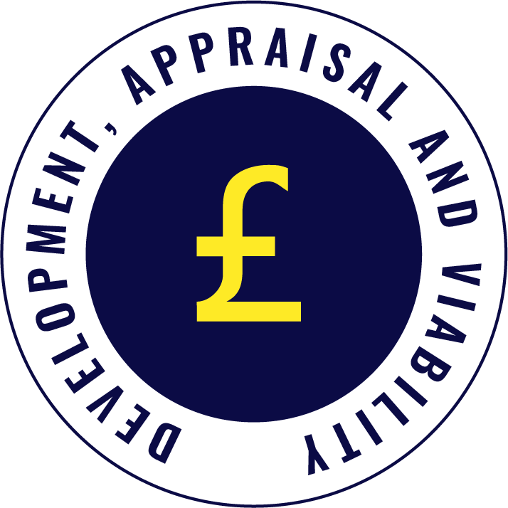 A circular badge with a dark blue background and white border. Inside, there is a yellow British pound (£) symbol at the center. Encircling the symbol, white text reads "Development, Appraisal and Viability".