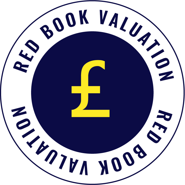 A circular badge showing the words 'Red Book Valuation' repeated around the perimeter, with a stylized yellow British pound symbol (£) in the center on a dark blue background.