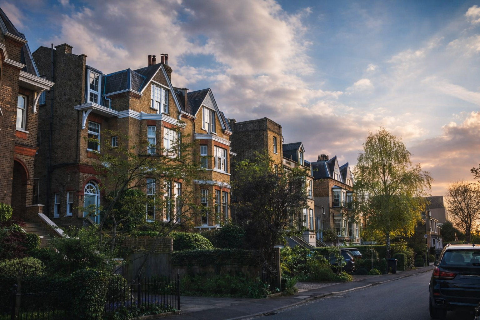 Residential street with developed large Victorian brick houses, trees, and parked cars during sunset.