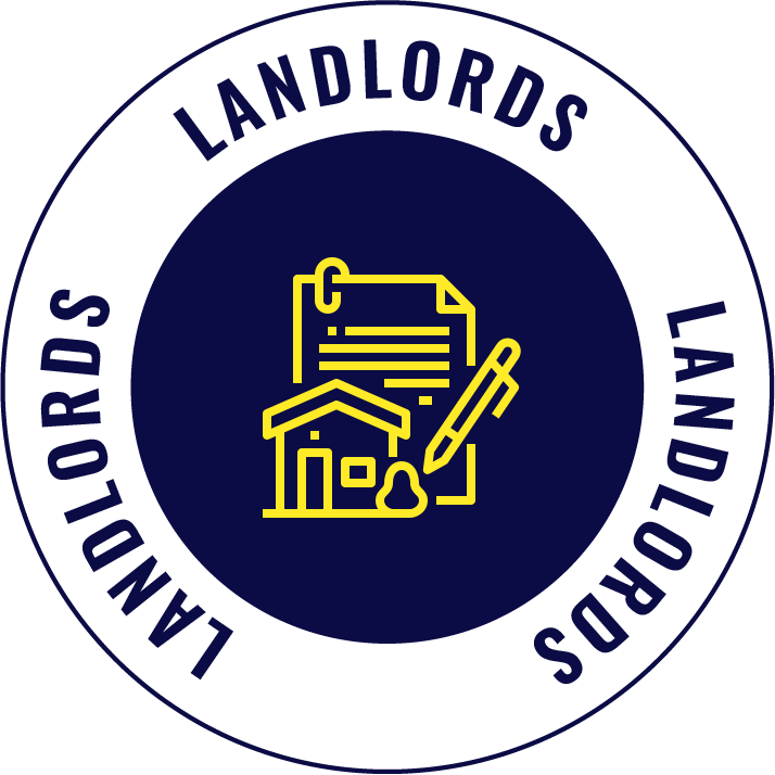 A circular emblem with the word 'LANDLORDS' repeated around the perimeter, featuring a navy blue background with yellow outline icons of a house, a document, and a pen in the center.