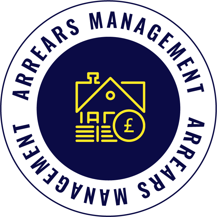 Circular logo with the text 'ARRARS MANAGEMENT' around the top and bottom edge. Inner circle contains yellow line drawing of a house, stack of papers, and a pound sterling coin.
