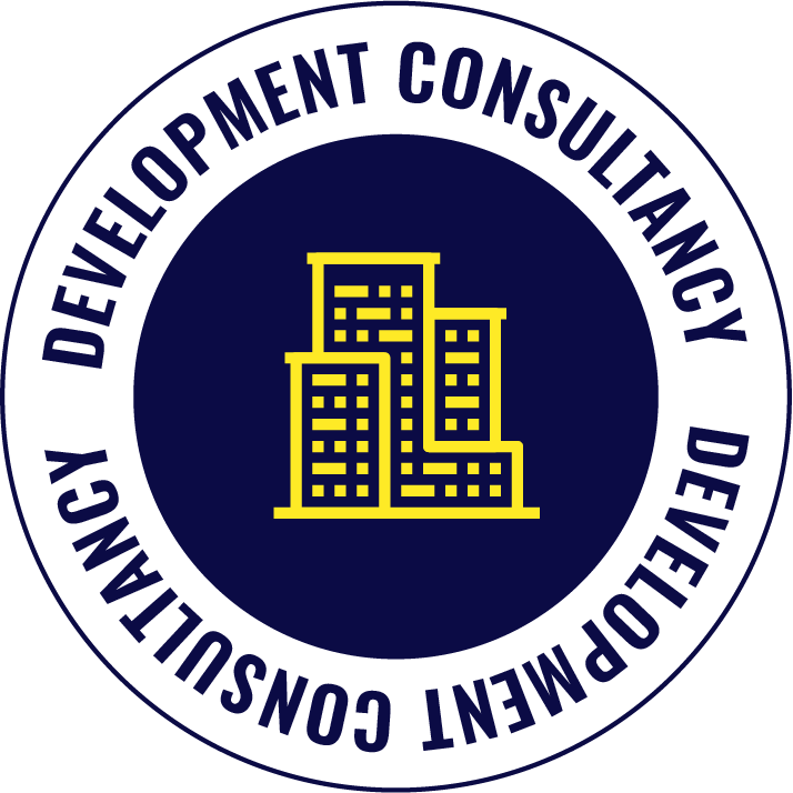 Logo of the Development Consulting, featuring a circular design with dark blue and white colors, and a yellow outline of a group of buildings in the center.