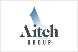 Logo for Aitch Group featuring a stylized letter 'A' with a gradient blue color and the company name below.