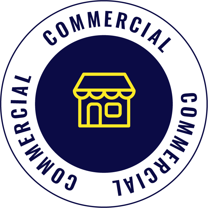 Logo with the words 'Commercial', repeated around a circle, and a yellow storefront icon in the center on a dark blue background.