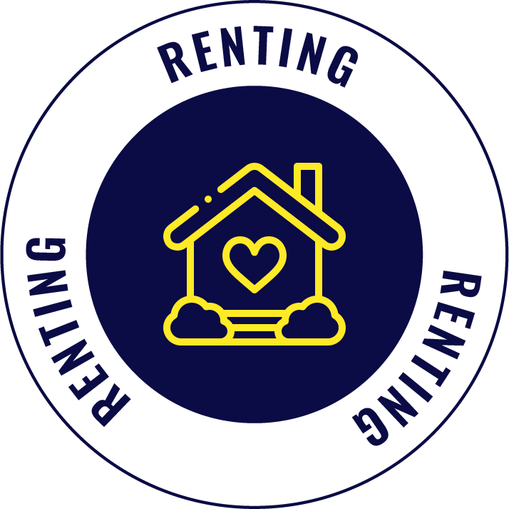 Circular logo with a white outer ring containing the words 'RENTING' and 'RENTING' repeated twice, and a blue inner circle featuring a yellow outline of a house with a heart on it, clouds at the base, and a chimney.