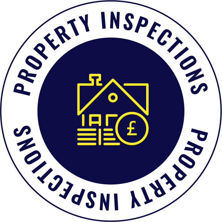 Property inspections logo with a house outline, stack of papers, and a pound sign in yellow on a dark blue background, encircled by a white ring with the text 'Property Inspections' in blue.