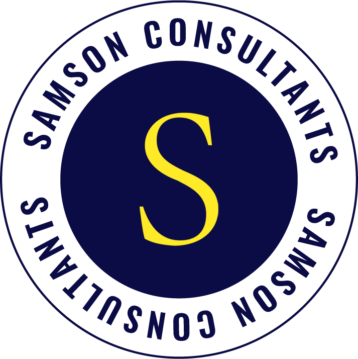 Logo for Samson Consultants, featuring a navy blue circle with a yellow letter 'S' in the center, surrounded by white ring with the company name in navy blue capital letters.