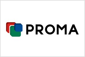 PROMA logo with three overlapping squares in red, green, and blue, followed by the word 'PROMA' in black text.