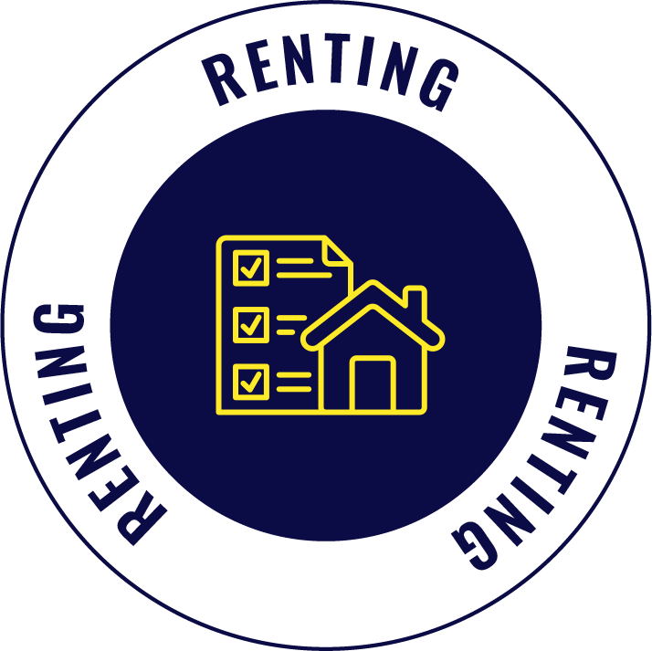 A circular badge with the words 'RENTING' at the top and bottom, and the word 'RENTING' on the sides. Inside the circle, there is a yellow outline of a checklist with a house icon, signifying rental property management.