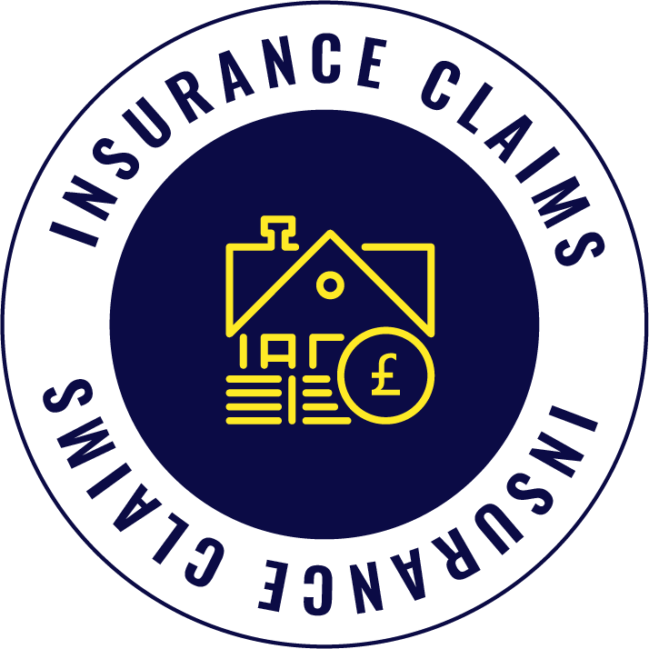 Seal or badge for insurance claims with the text "Insurance Claims" and "Warranty Claims" around the border, center features a house, a stack of documents, and a British pound currency symbol.