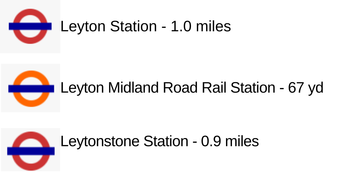 Map showing three London Underground stations: Leyton Station, Leyton Midland Road Rail Station, and Leytonstone Station, each with distances in miles or yards.