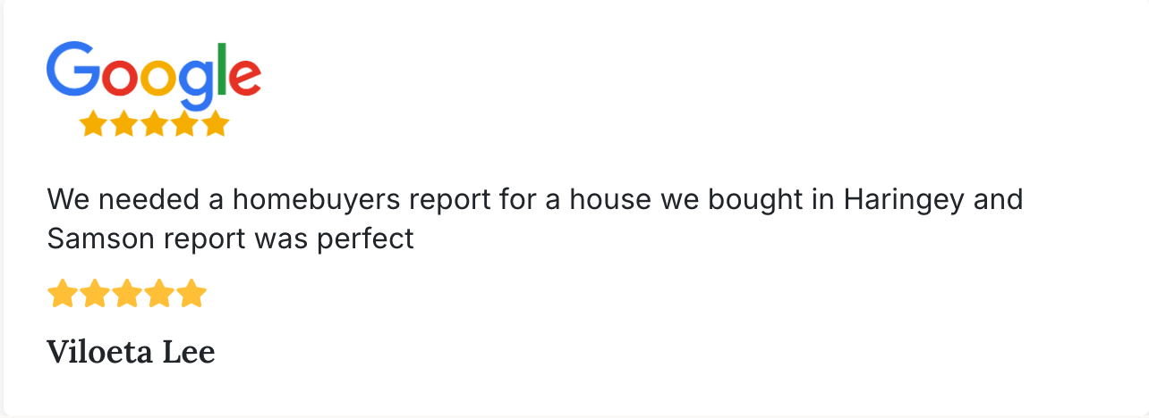 Screenshot of a Google review from Viloeta Lee praising a homebuyer's report for a house bought in Haringey and Samson with five stars.