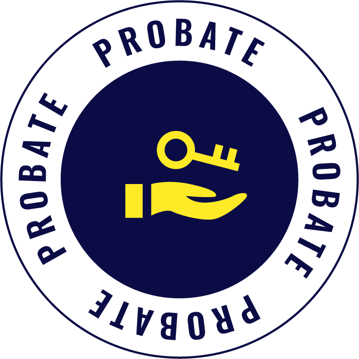 Probate logo with a yellow key above a yellow hand holding a key, encircled by the words "PROBATE" repeated twice.