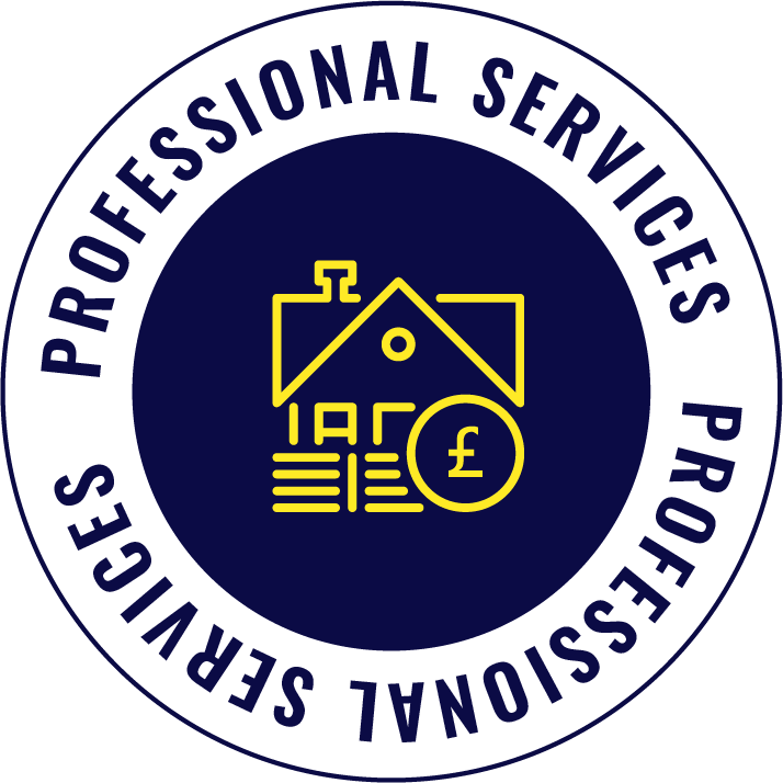 Business logo with a house and money symbols, surrounded by the text 'Professional Services'.